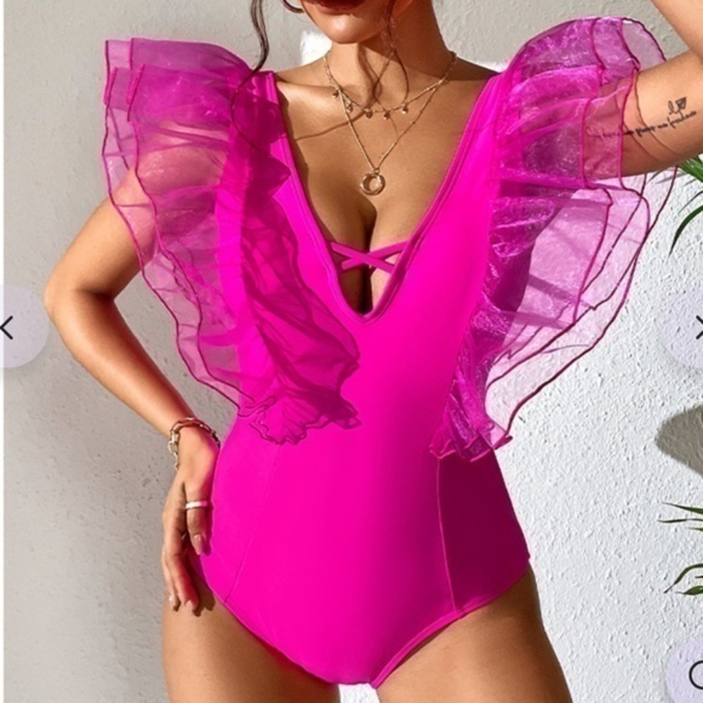 SPORLIKE Neon Pink Mesh Ruffle One Piece Swimsuit